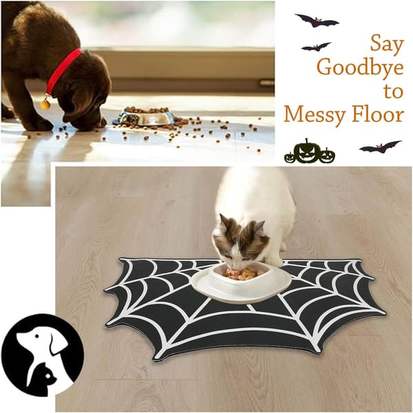 Halloween kæledyrsfodermåtte 60x40 cm, Spindelvæv Katte- og Hundeskål Dækkeserviet, Skridsikker Hurtigtørrende Nem at Rengøre Foder- og Vandmåtte