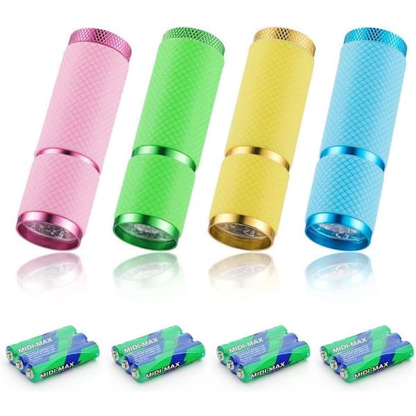 4 kpl Mini taskulamppu, LED-taskulamppu, Lasten taskulamppu fluoresoivalla kahvalla retkeilyyn, lukemiseen, kävelyyn, vaellukseen, työskentelyyn, sisältää 12 paristoa