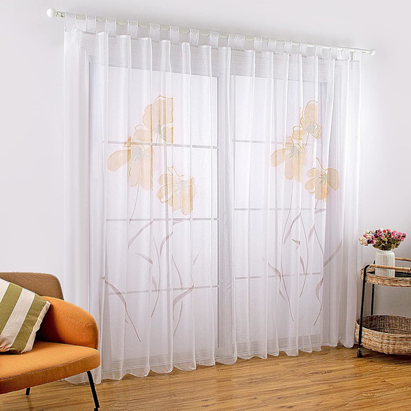 Gardiner för vardagsrum med flikar, blommönster, manuell bredd 150 cm (höjd 260 cm, orange)