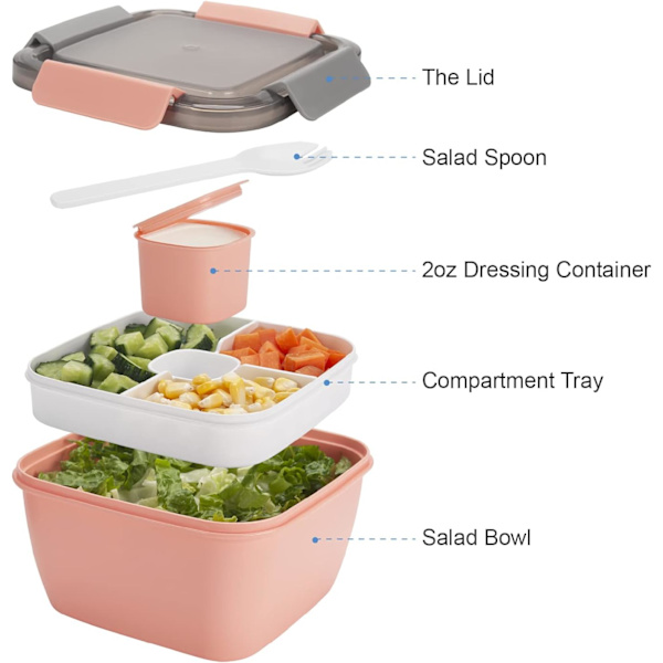 Salladslunchbehållare To Go, med 3 fack, för salladstoppingar, snacks, män, kvinnor pink