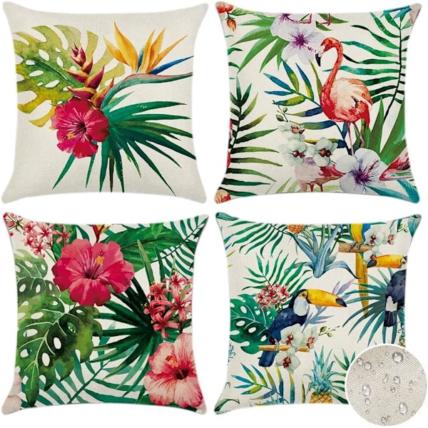 Koristeelliset tyynynpäälliset 4 kpl, 45x45 cm, trooppiset kasvit, kukat ja linnut, vedenpitävät koristetyynynpäälliset