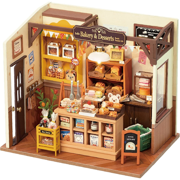 Dockskåp Becka's Baking House Miniatyr Trä Dockhus Kit med Möbler Träbyggsatser med LED-lampor Style 1