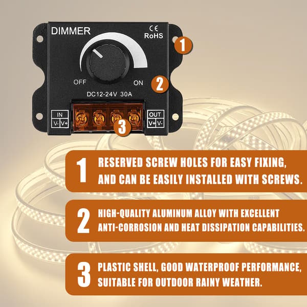 LED-vriddimmer Dimningskontroll DC 12V-24V 30A PWM Dimmerknapp för justering av ljusstyrka (2-pack)