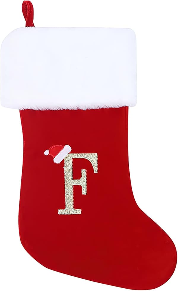 Personliga Julklappsstrumpor 50 cm Initial Monogram Broderad Bokstav Julstrumpa Röd Sammet Julstrumpor(F)