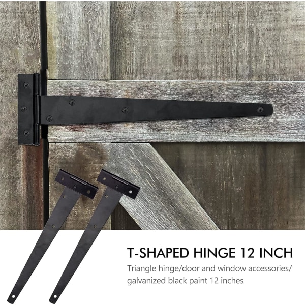 2 stk. sorte dørhengsler 12 tommer T-hengsler Heavy Duty T-hengsel med 12 skruer Utvendige T-hengsler for låvedører, 300mm