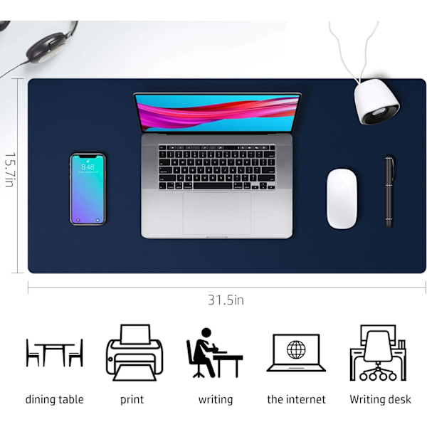 Læder skriveunderlag beskytter, skridsikkert PU læder skriveunderlag, bærbar computer skriveunderlag, vandtæt skriveunderlag til kontor og hjem Dark Blue 31.5" x 15.7"