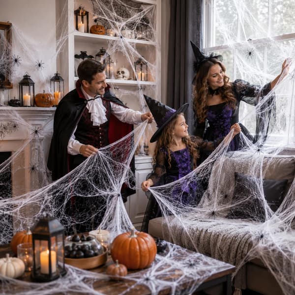 100g Strækbart Hvidt Spindelvæv med 40 Sorte Edderkopper, til Havedekorationer, Fester, Spøgelseshuse, Halloween
