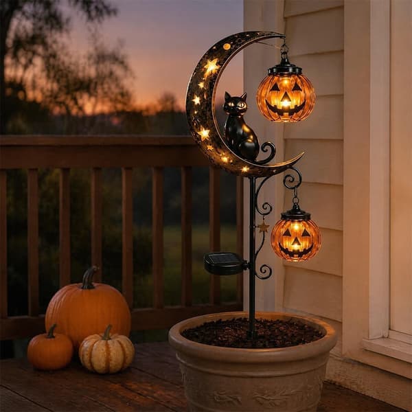 Halloween solcellelampe, vandtæt metal solcelle havedekoration med sort kat, lys til terrasse, have, 80x13cm