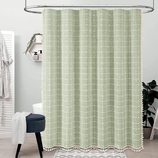 Boho Farmhouse Duschdraperi, Linne Rustik Tjockt Tyg Duschdraperi Set med Frans, Vattenavvisande, för Badrum