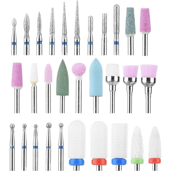 30Pcs Nail Drill Bits Set Kit with Box, 3/32'' Ceramic Cuticle Nail Drill Bits Set, Diamond Carbide Nail Drill Bit for Acrylic Gel Nails