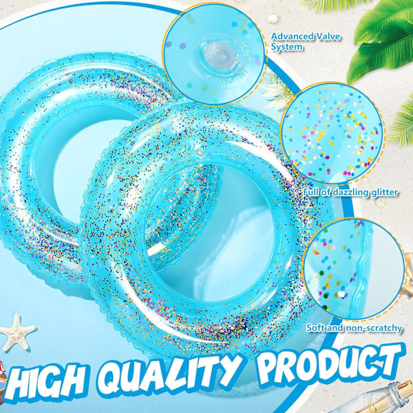 2-pack simringar med glitter, uppblåsbara poolflottör, transparenta glitter simringar