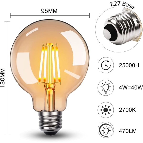 E27 LED-lamppu, E27 Vintage-lamppu 4W G95 LED-lamppu E27 Lämmin valkoinen 2700K 360LM Vintage-antiikkilamppu 40W hehkulampun vastaava lamppu, Ei himmennettävä, 4 kpl