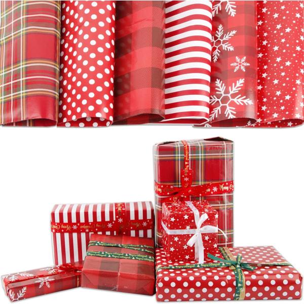 Sheets Christmas Gift Wrapping Paper Red Paper with White Ribbon and Double-Sided Adhesive Tape for Christmas Gift Birthday 50 x 70cm