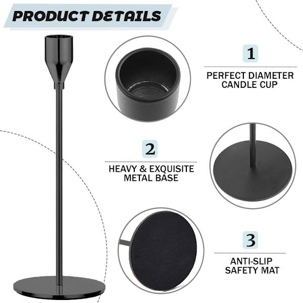 Set med 3 Svarta Ljusstakar, Avsmalnande Ljus Metall Ljusstake Hållare - Eleganta Ljusstakehållare för Hemfest Vardagsrum Black