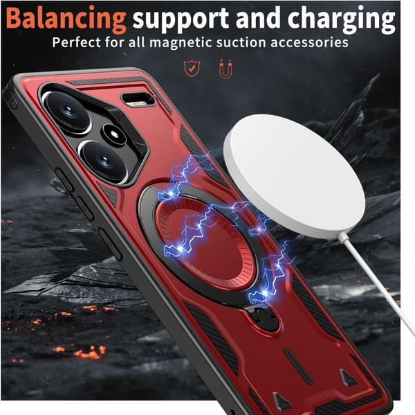 Xiaomi Redmi Note 13 Pro Plus 5G Armor-deksel, 360 Metallring Støtte Magnetisk Støtsikker Airbag Bumper Deksel Rød