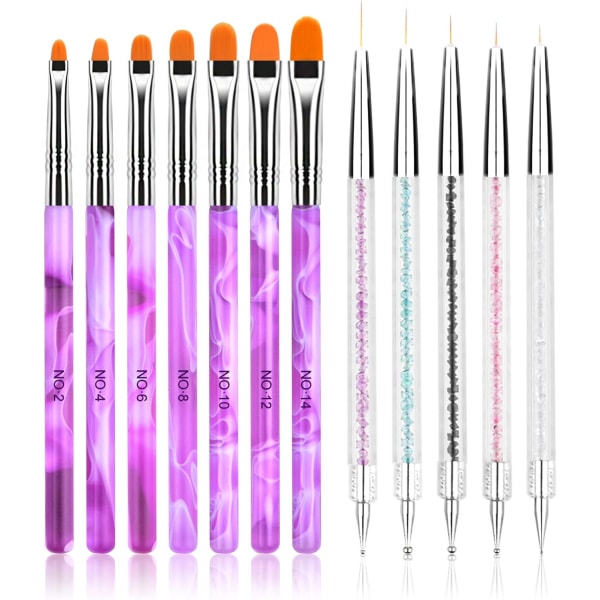 Kynsien taideharjasarja, 12 kpl kynsien taidekynää ja pistetyökaluja, kaksipäiset pistekynät kynsien taidelinerharjat Purple 12-piece set