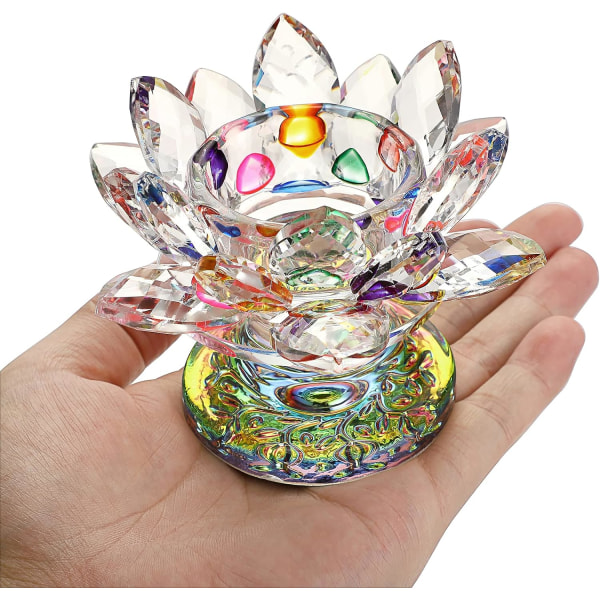 4,5" värikäs Crystal Lotus Flower -kynttilänjalka - sateenkaarenvärinen lasikynttilänjalka