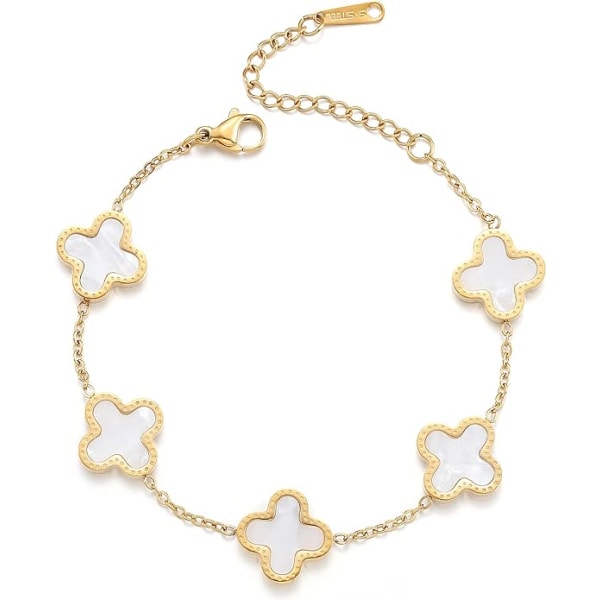 18K guldpläterat klöverarmband för kvinnor Justerbart sött armband Lucky Armband Smycken presenter för kvinnor tjejer (vit)