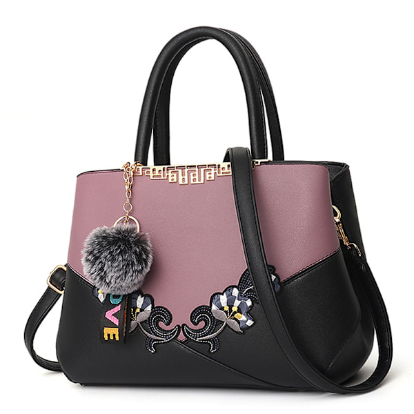 Håndvesker for kvinner med blomstermønster, crossbody-vesker med pompom-dekorasjon, håndvesker, tote-vesker for damer, skulderveske i PU-lær morado