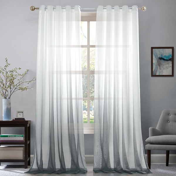 Gennemsigtige gardiner voile tynde gardiner med øjer farvegradient dekorative gardiner vinduesgardiner til soveværelse og stue, sæt med 2 Gray 214cm*259c