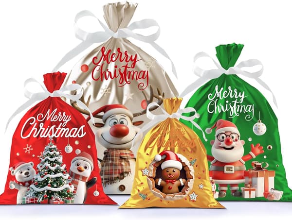 4 st julpåsar, julklappspåsar i multipack, små, medelstora, stora och extra stora julklappspåsar för presenter jul