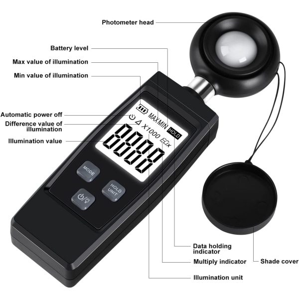 Digital Lux Meter, Praktisk Lysmåling til Planter, Fuldt Spektrum op til 200.000 Lux, Lux Meter med Maksimum/Minimum Værdier, LCD Display