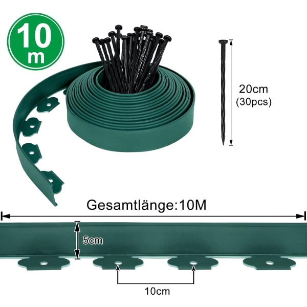 Muovista valmistettu nurmikon reunus 10 m - Joustava puutarhan reunus 30 ankkurointipisteellä, koristeellinen puutarhan nurmikon reunus, vihreä