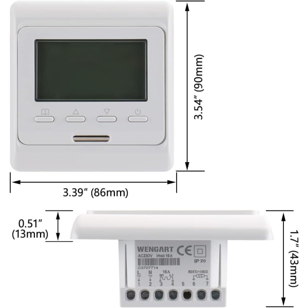 WG806 Digitalt display programmerbar termostat for ukentlig bruk, AC220V 16A fungerer for elektrisk gulvvarme med temperatursensor (hvit)