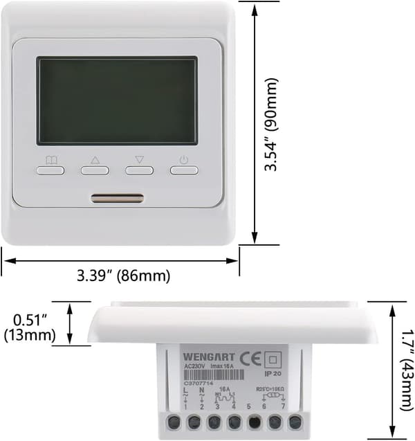 WG806 Digitalt display programmerbar termostat for ukentlig bruk, AC220V 16A fungerer for elektrisk gulvvarme med temperatursensor (hvit)