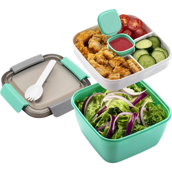 Salladslunchbehållare To Go, med 3 fack, för salladstoppingar, snacks, män, kvinnor green
