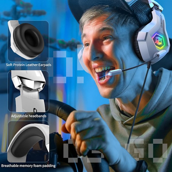 Peliheadset PS5 PS4 PC:lle, Over-Ear -kuulokkeet Surround-äänellä ja RGB-valolla Xbox Switch Mac -kannettavalle, valkoinen