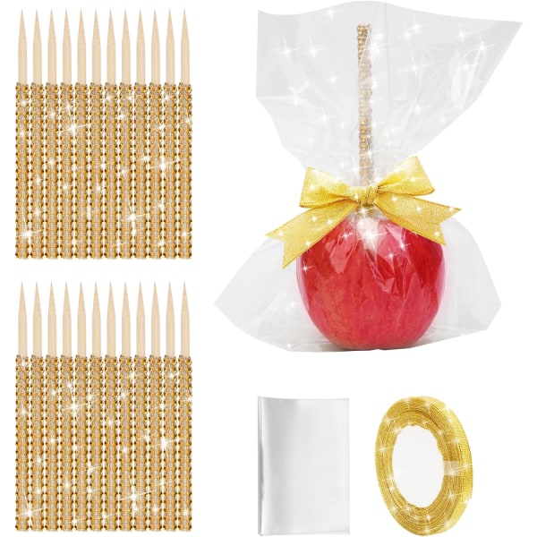 1 sett Candy Apple Bambuspinne Kit, Bling Stick for Apple Rhinestone Trespinner, med Vesker, 1 rull Glitterbånd, for Karamell Apple Lollipop