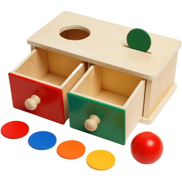 2 i 1 Montessori Tre Matchingboks med Mynt og Ball, 2 Skuffer - Tre Myntboks med 5 Mynter og Permanensboks med 1 Ball