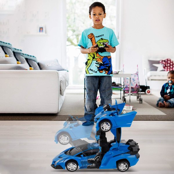 Transform RC Bil Robot, Oberoende 2.4G Robot Deformationsbil Leksak med En Knapp Transformation & 360 Hastighetsdrift 1:18 Skala blue B
