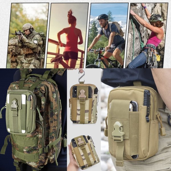 Kompakt bæltepose, Military Army EDC Pouch taljetaske, til sportsvandring, camping black