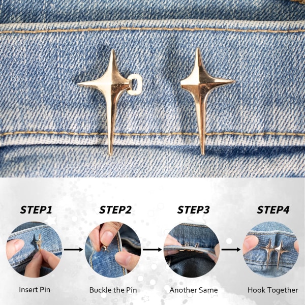 4 Par Jeans Knapper Pins, Fire-Pointet Stjerne Design Stramme Talje Knapper, Justerbare og Ingen Sy Metal Bukser Talje Strammer Gold