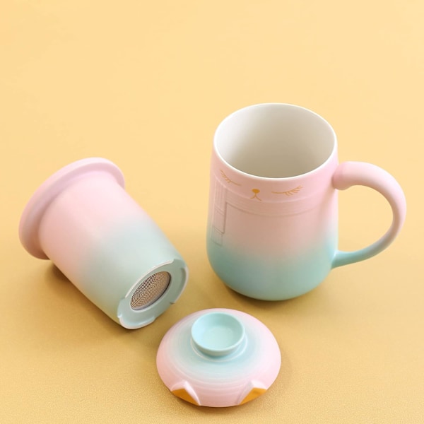 Keramisk Katt-Teinfuser Mugg med Lock, 460 ML / 16 Oz, Gradient Rosa till Grön, Katter och Te, Stor Japansk Keramisk Muggset