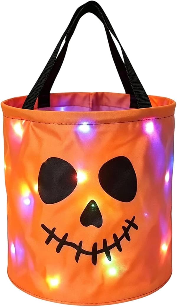 1 Halloween lysende godtepose, LED godtepose, gresskar godtebøtte