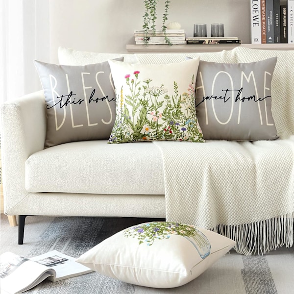 Sæt med 4 blomstrede pyntepudebetræk 45x45 cm sommer dekorative firkantede pudebetræk sofa farverige blomster pudebetræk
