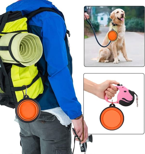 2 STK 350ML Orange Sammenklappelig Hundeskål Sæt, Bærbare Kæledyrsfoder Vandskåle med Karabinhage til Små Hunde Katte Rejser Gåture Udendørs