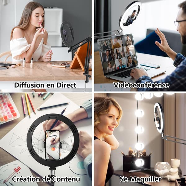 10\" Ring Light med Tripod Stativ til Skrivebord, Ring Light Telefon LED med Stativ og Telefonholder, til Videokonference/TikTok