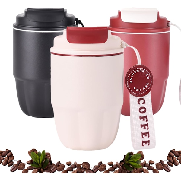Kaffe Termos, 320ml Termisk Mugg, Mini Isolerad Kaffe Mugg, Rostfritt Stål Foder + Dubbel Pip för Drickande, Läckagesäker Blanco