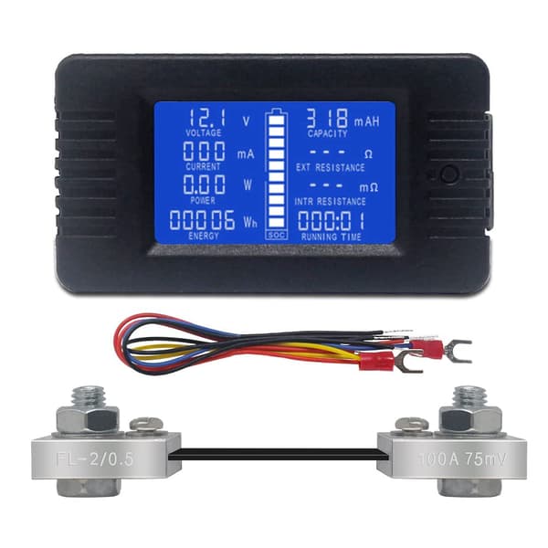 DC Batterimåler Voltmeter Amperemeter Energiovervåking LCD Digital Multimeter Spenning Strøm Kapasitet Ohm Time SOC LCD Meter DC 0-200V 100A Shunt