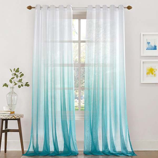 Gennemsigtige gardiner voile gardin med øjer farvegradient dekorative gardin vinduesgardin til soveværelse og stue, sæt med 2 Blue 214cm*214cm