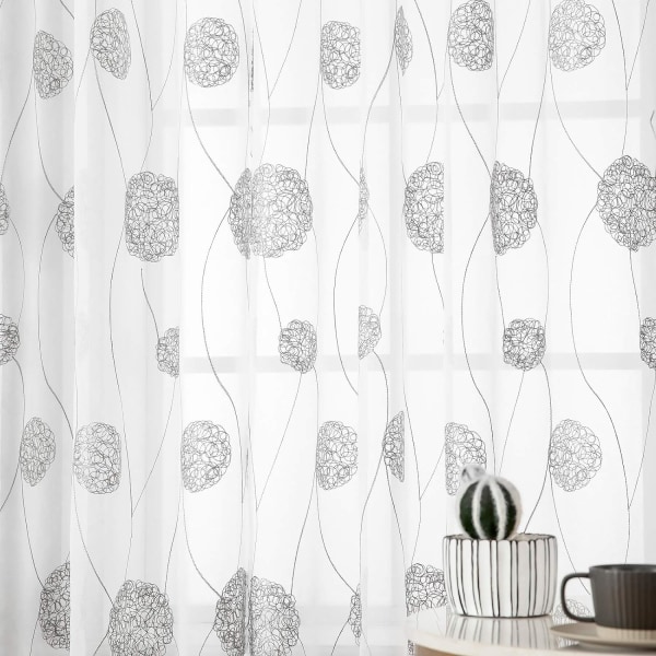 Gardiner Genomskinliga Voile Blommor Broderi Öglegardiner Transparent Gardiner 2 st Öglegardin Gardiner Par Fönster Gardiner För Vardagsrum Sovrum Gray 140*260cm