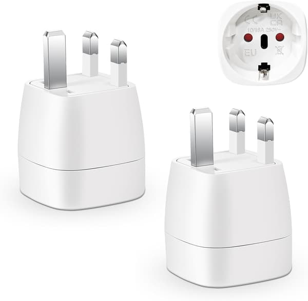 2-pakning UK-pluggadapter, Frankrike til UK reiseadapter, Type G-pluggadapter (hvit)