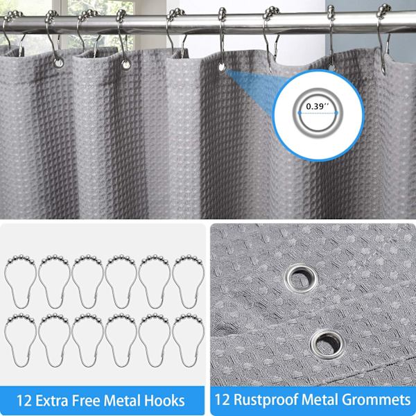 Våfflad duschdraperi, med duschdraperiringar tyg badkar draperi set Gray 1.8*2m