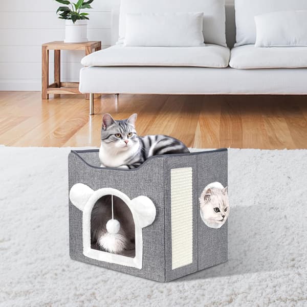 Kattesenge, stor kattehule til kæledyrshus med fluffy bold og kradsebræt, huse og lejligheder, kuber, gemmested