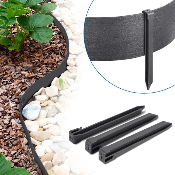 PE Hagekant 10m - Grå - Høyde 12cm Tykkelse 2mm - Med 12 Ankerplugger, for Ekstern Hagekant