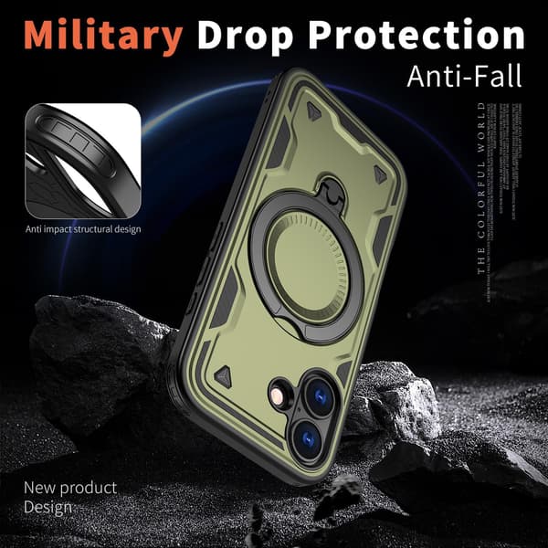 iPhone 17 Armor-deksel med 360 metallringstativ Magnetisk støtsikker kollisjonsputestøtfangerbeskyttelse Militærgrad Anti-fall Grønn